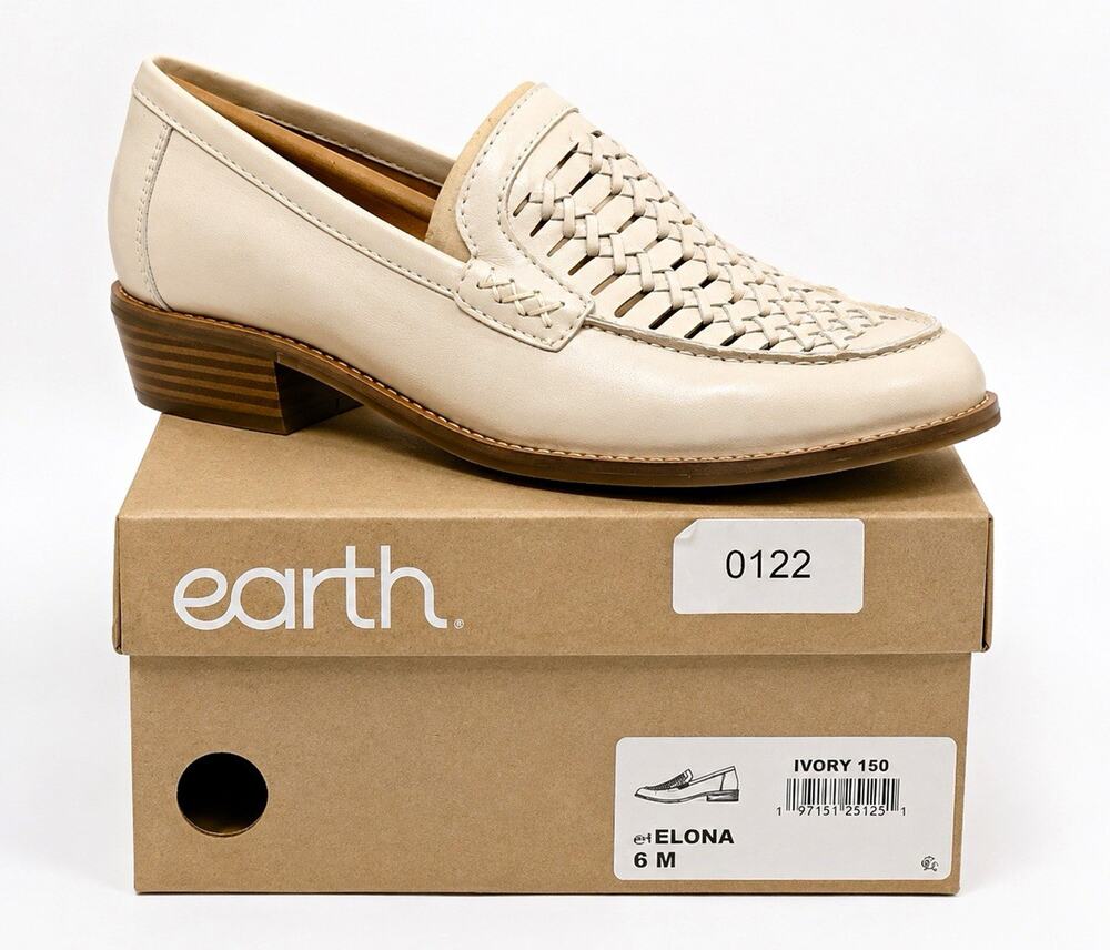 Earth Women's Ivory Leather Woven Slip-On Loafer Flats Round Toe US 6 M